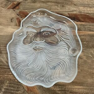Vintage Christmas Santa Claus Frosted Glass Cookie Snack Plate Santa Face 8.5x7"